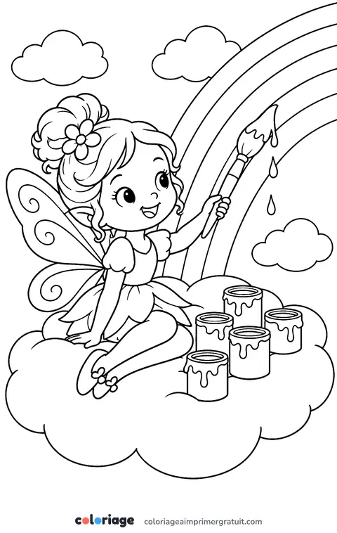 Coloriage fée qui peint l’arc-en-ciel