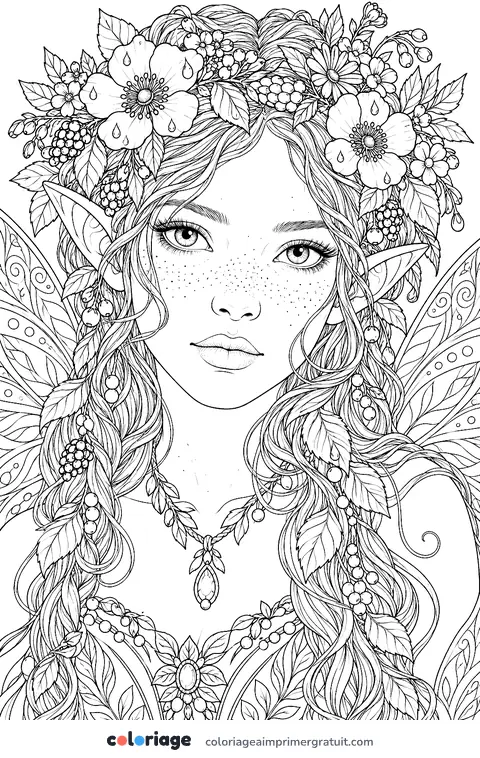 Coloriage portrait de fée aux fleurs