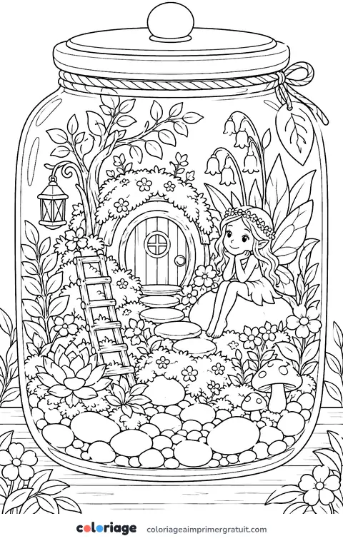 Coloriage jardin de fée dans un bocal