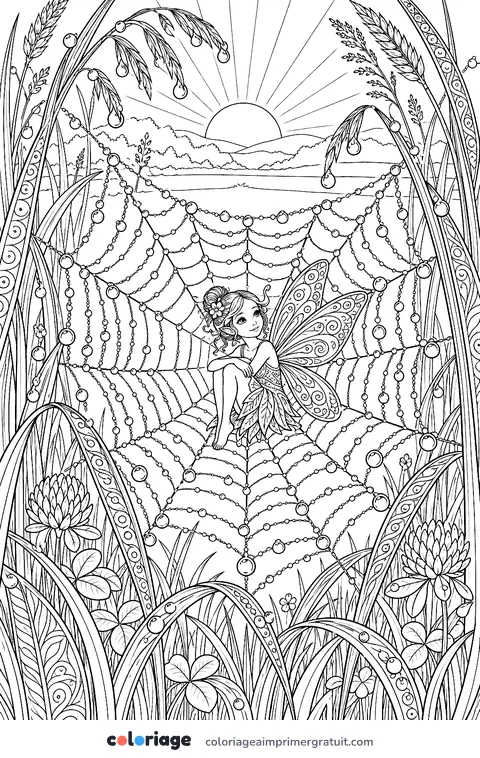 Coloriage fée et la toile de rosée