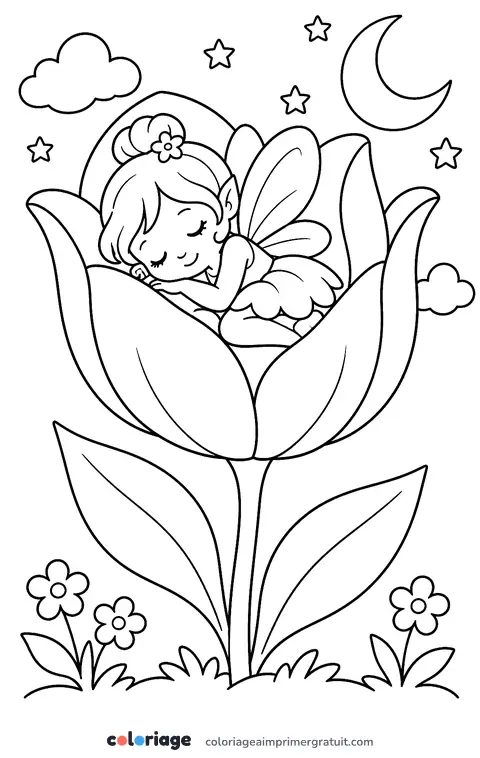 Coloriage fée endormie dans une tulipe