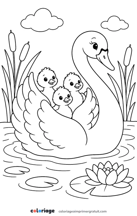 Coloriage cygne et ses petits