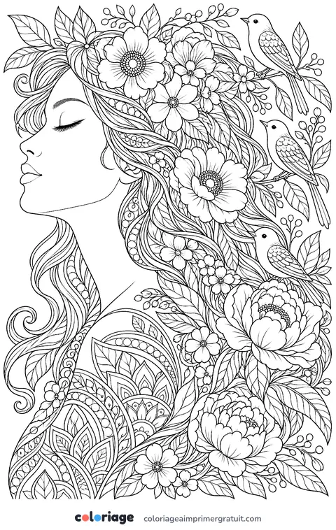 Coloriage visage fleuri