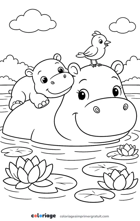 Coloriage maman hippopotame