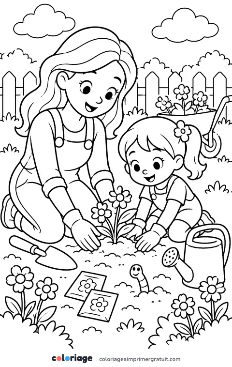 Coloriage jardinage avec maman