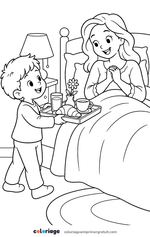 Coloriage petit déjeuner au lit