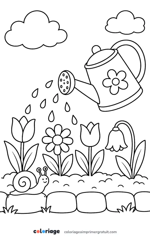 Coloriage arrosoir au jardin