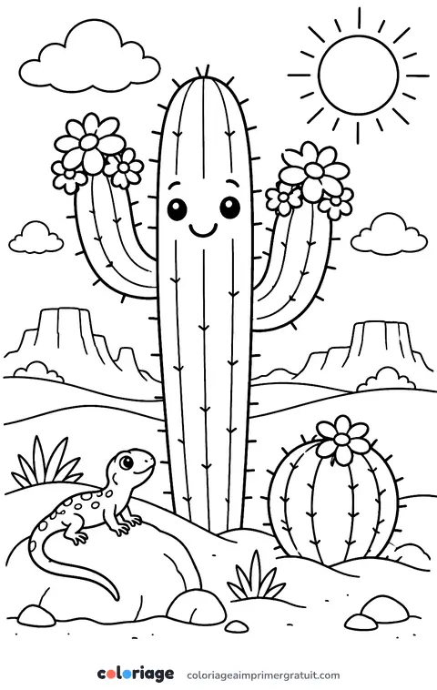 Coloriage cactus en fleur au désert