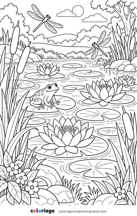 Coloriage étang aux nénuphars