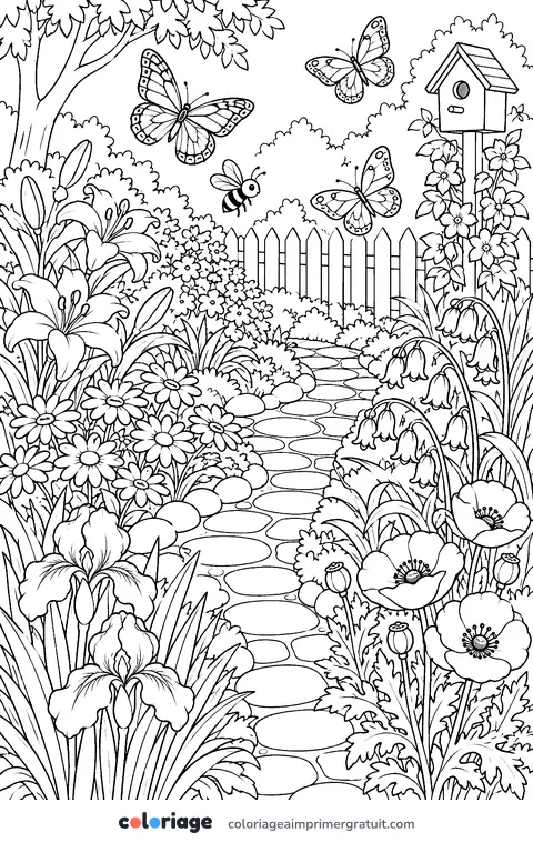 Coloriage jardin fleuri et papillons