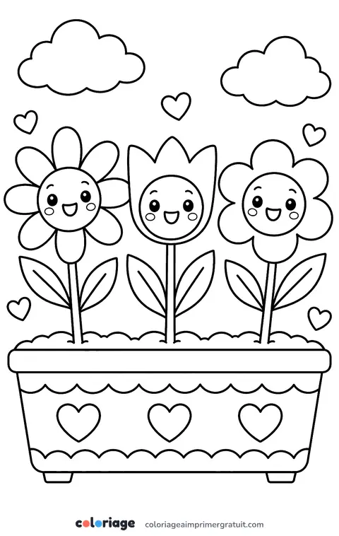 Coloriage trois fleurs kawaii