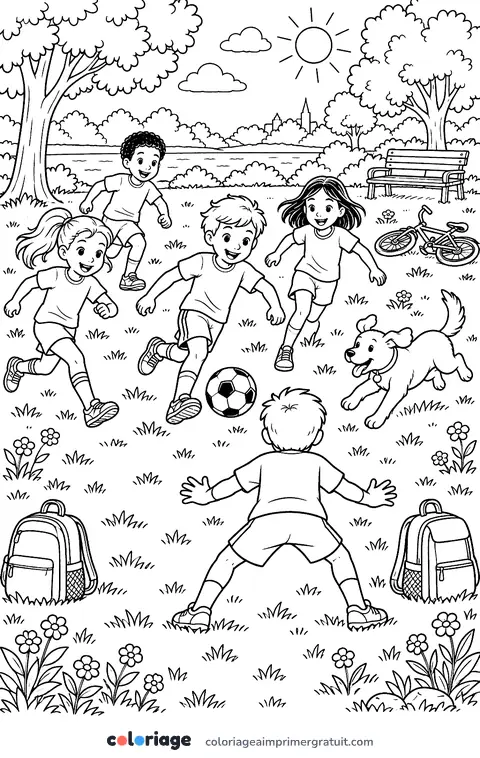 Coloriage partie de foot au parc