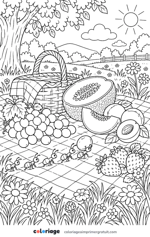 Coloriage pique-nique et fourmis