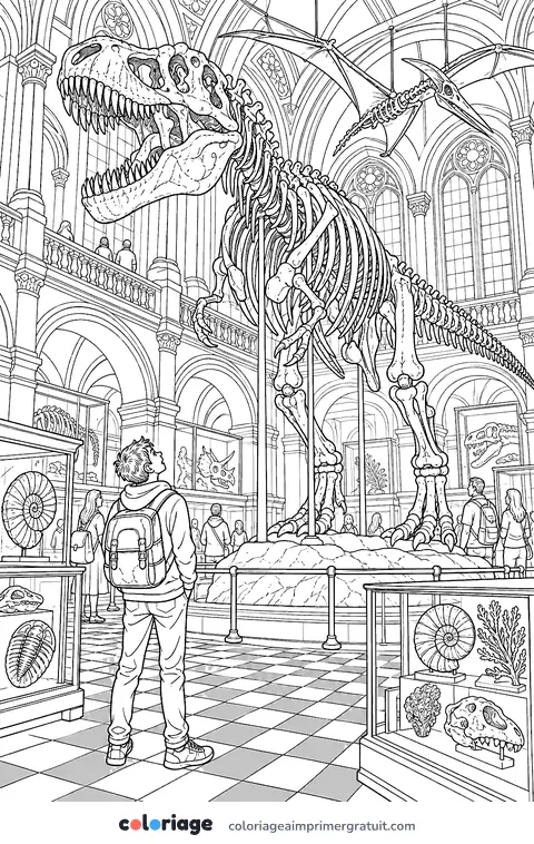 Coloriage au musée des dinosaures