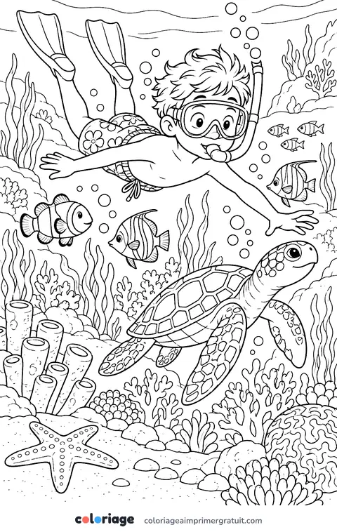 Coloriage plongée parmi les poissons