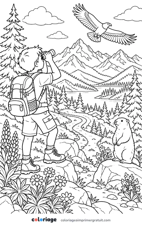 Coloriage randonnée en montagne