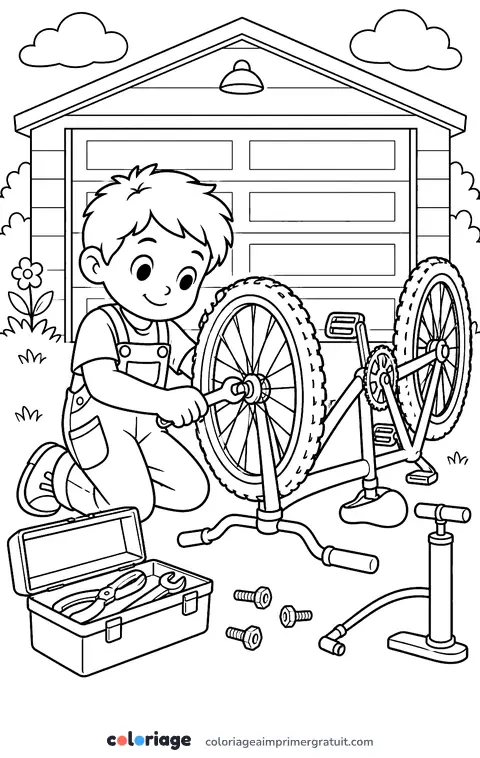 Coloriage réparation du vélo