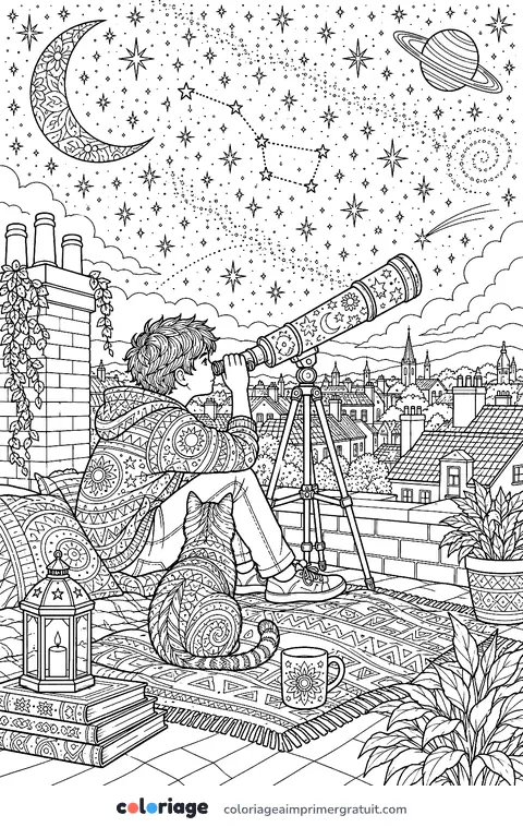 Coloriage nuit d’étoiles au télescope