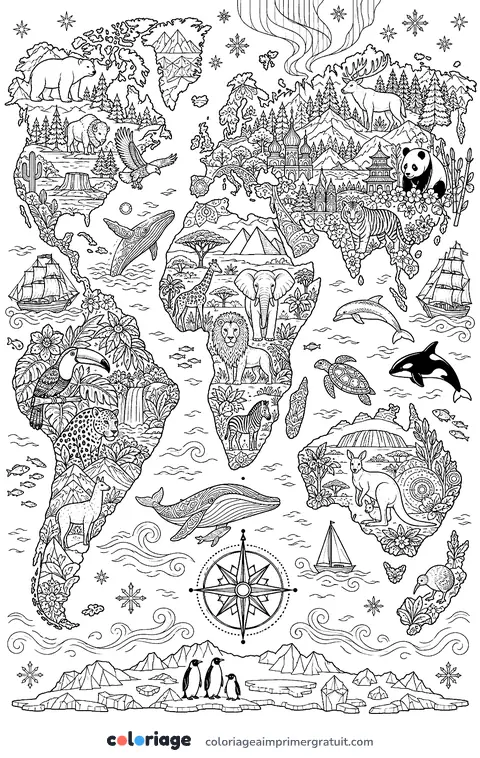 Coloriage carte du monde des animaux