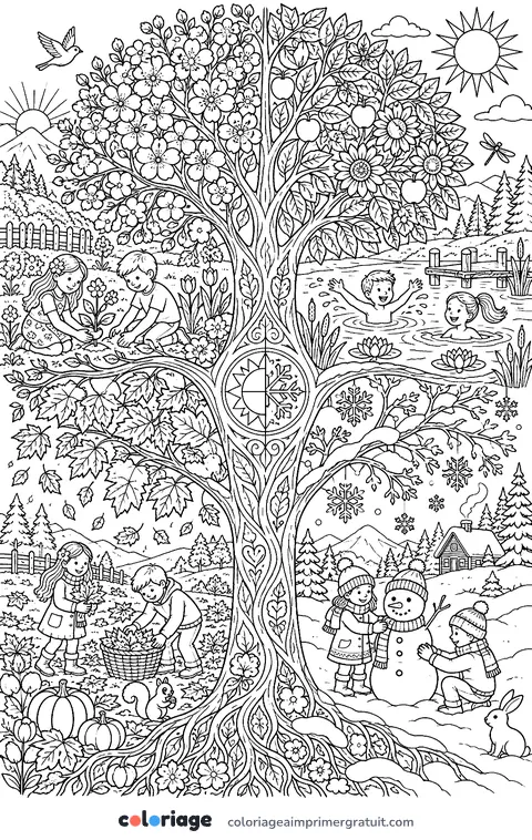 Coloriage fresque des quatre saisons