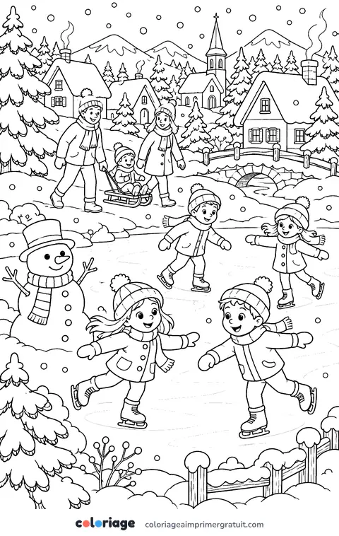 Coloriage village sous la neige
