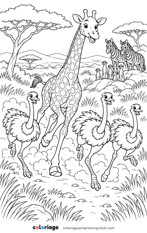 Coloriage course avec les autruches