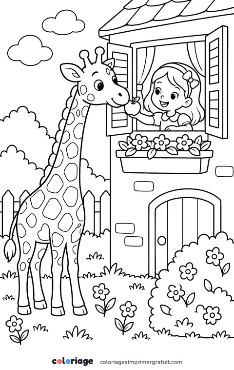 Coloriage girafe à la fenêtre