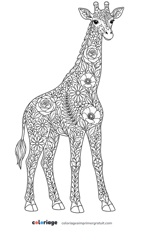 Coloriage girafe fleurie