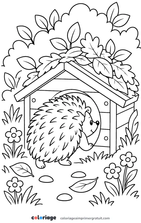 Coloriage hérisson et son abri