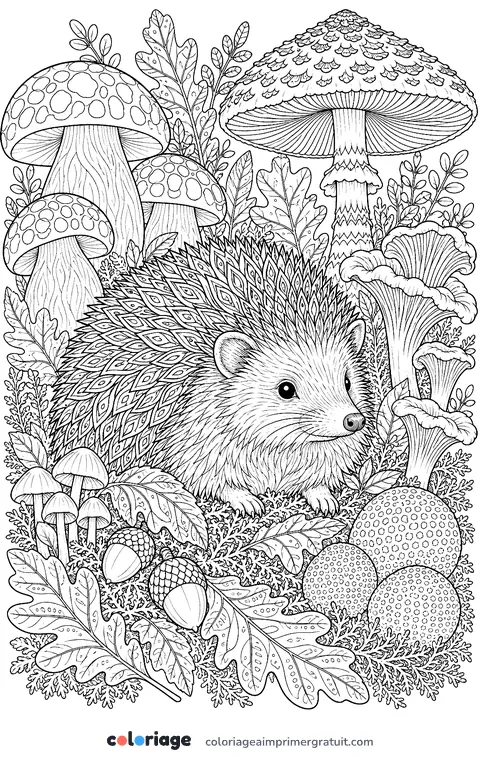 Coloriage hérisson et champignons des bois
