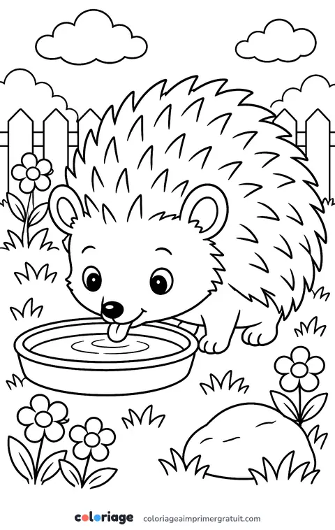 Coloriage hérisson qui boit