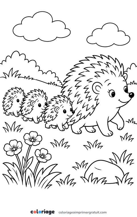 Coloriage maman hérisson et ses petits