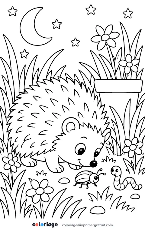 Coloriage hérisson la nuit au jardin
