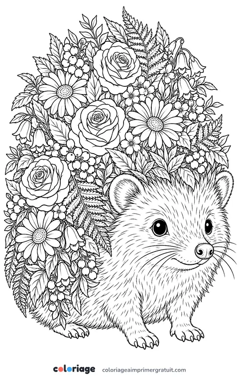 Coloriage hérisson aux piquants fleuris