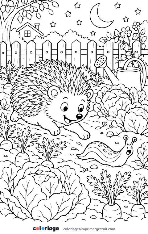 Coloriage hérisson au potager