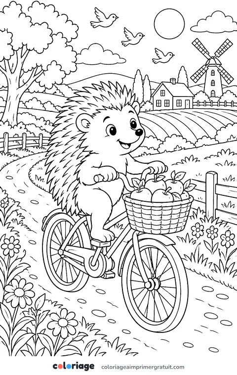 Coloriage hérisson à vélo