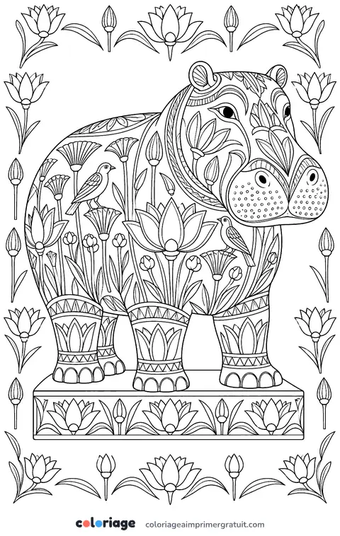 Coloriage hippopotame façon faïence égyptienne