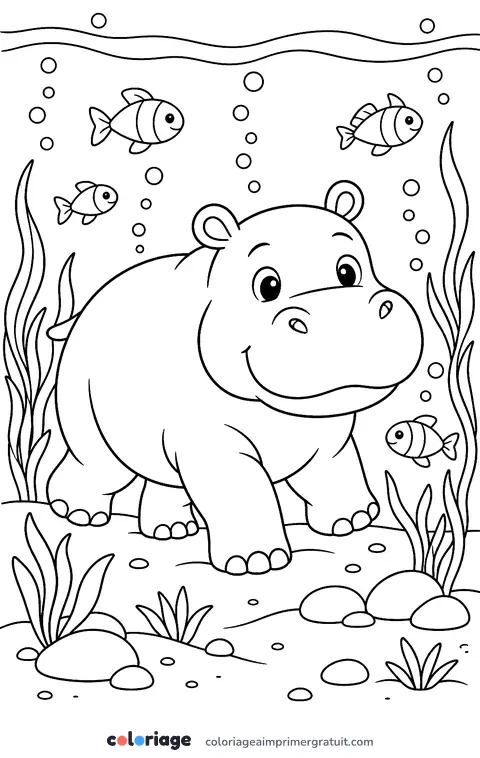 Coloriage hippopotame qui marche sous l’eau
