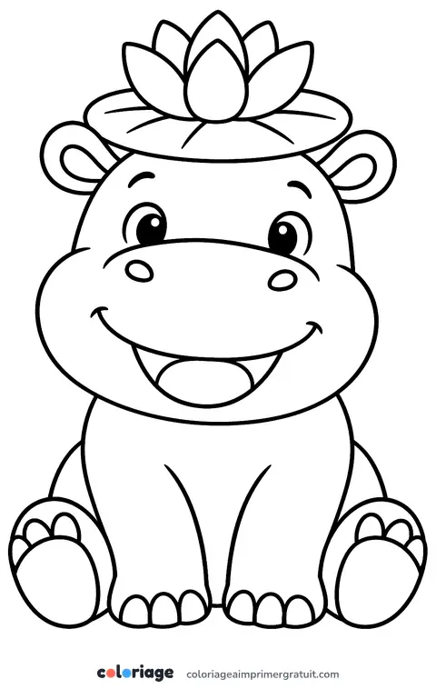Coloriage hippopotame au nénuphar