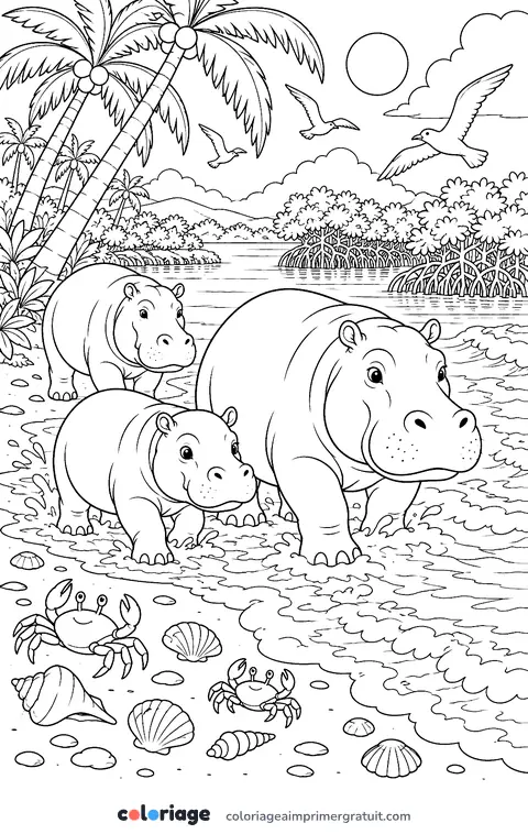Coloriage hippopotames à la plage