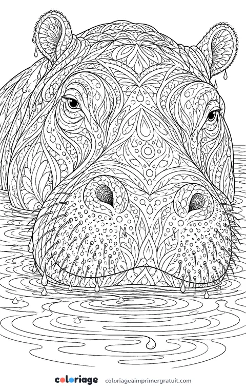 Coloriage portrait d’hippopotame réaliste