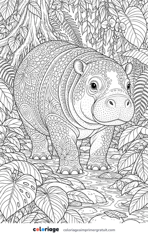 Coloriage hippopotame pygmée réaliste