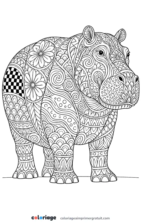 Coloriage hippopotame zentangle