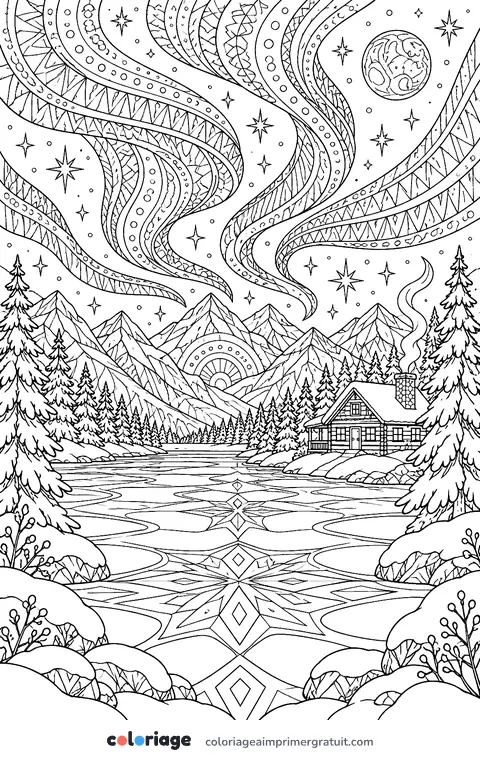 Coloriage aurore boréale sur le lac