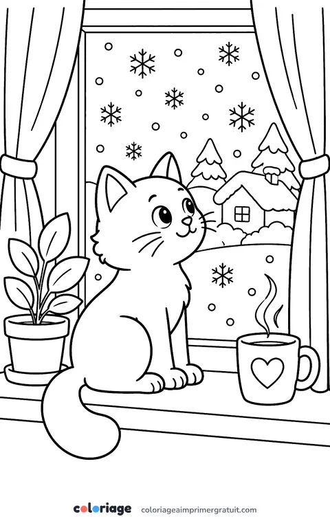 Coloriage chat à la fenêtre