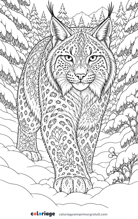 Coloriage lynx dans la forêt enneigée