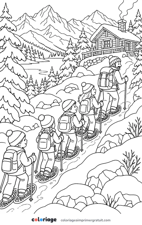 Coloriage randonnée en raquettes