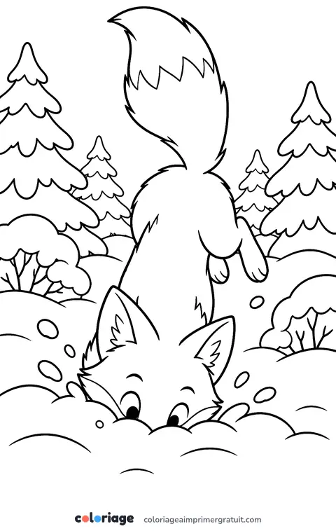 Coloriage renard qui plonge dans la neige