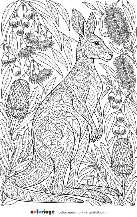 Coloriage kangourou et eucalyptus en fleurs
