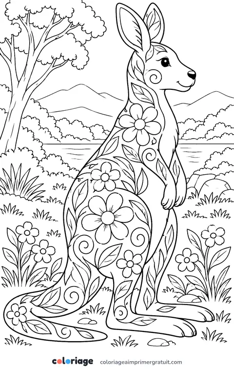 Coloriage kangourou fleuri